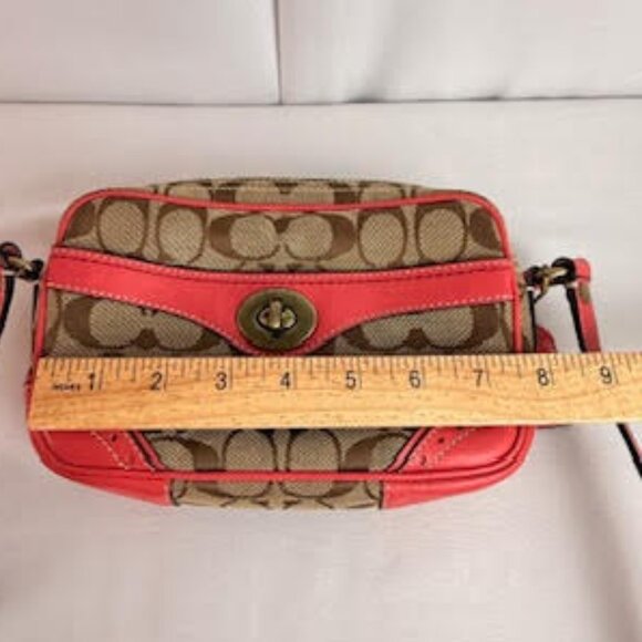 Coach Signature Canvas Leather Crossbody Bag Y2K Khaki Raspberry Red Trim 10568 - Picture 7 of 11